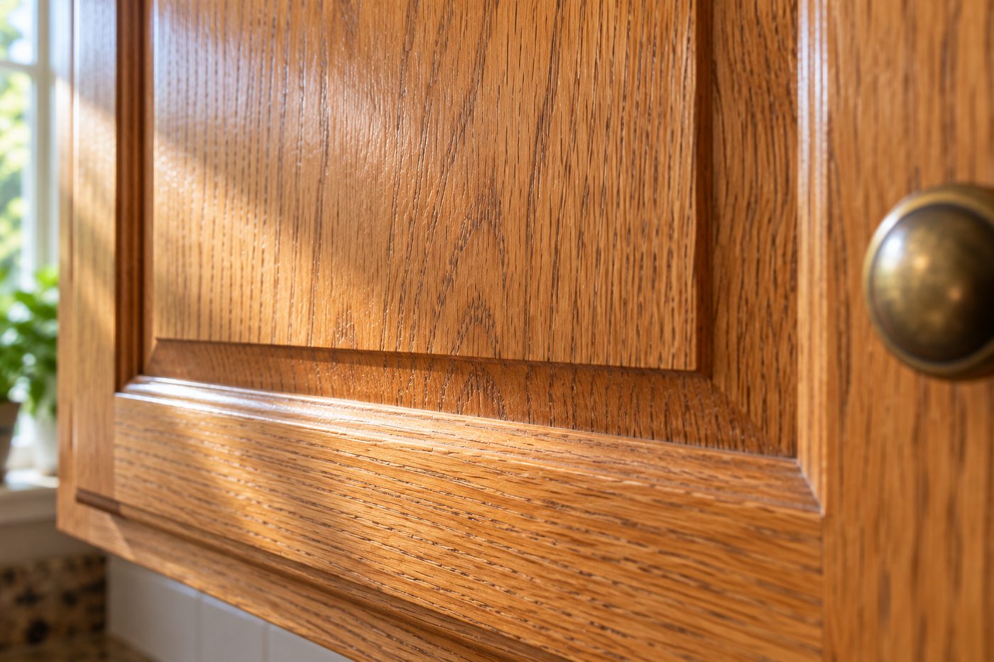 Close-up of a treated oak cabinet door: warm color, defined grain and a soft satin sheen in window light