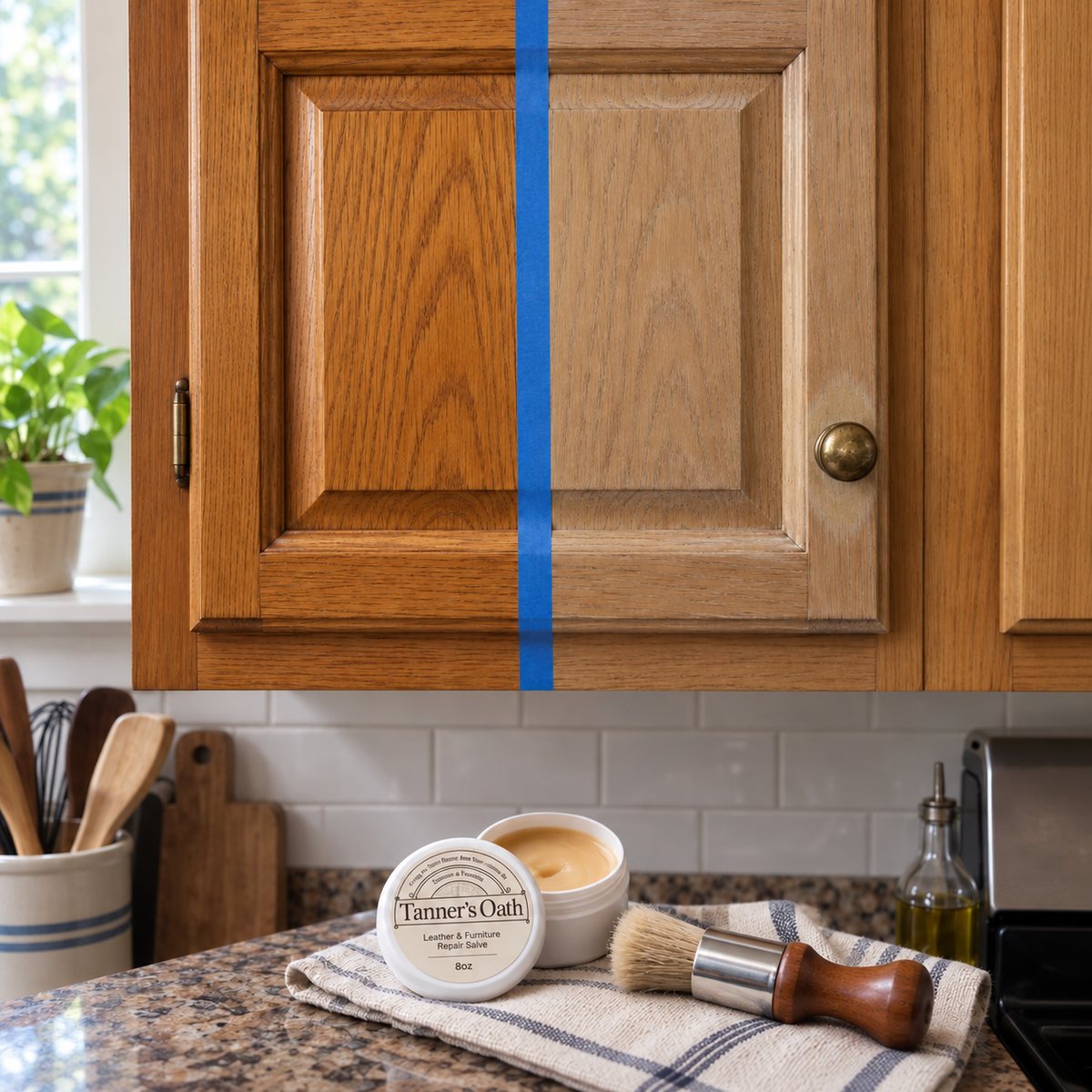 One oak cabinet door taped down the middle: treated and warm on the left, dull and dry on the right, with the Tanner's Oath jar and brush on the counter