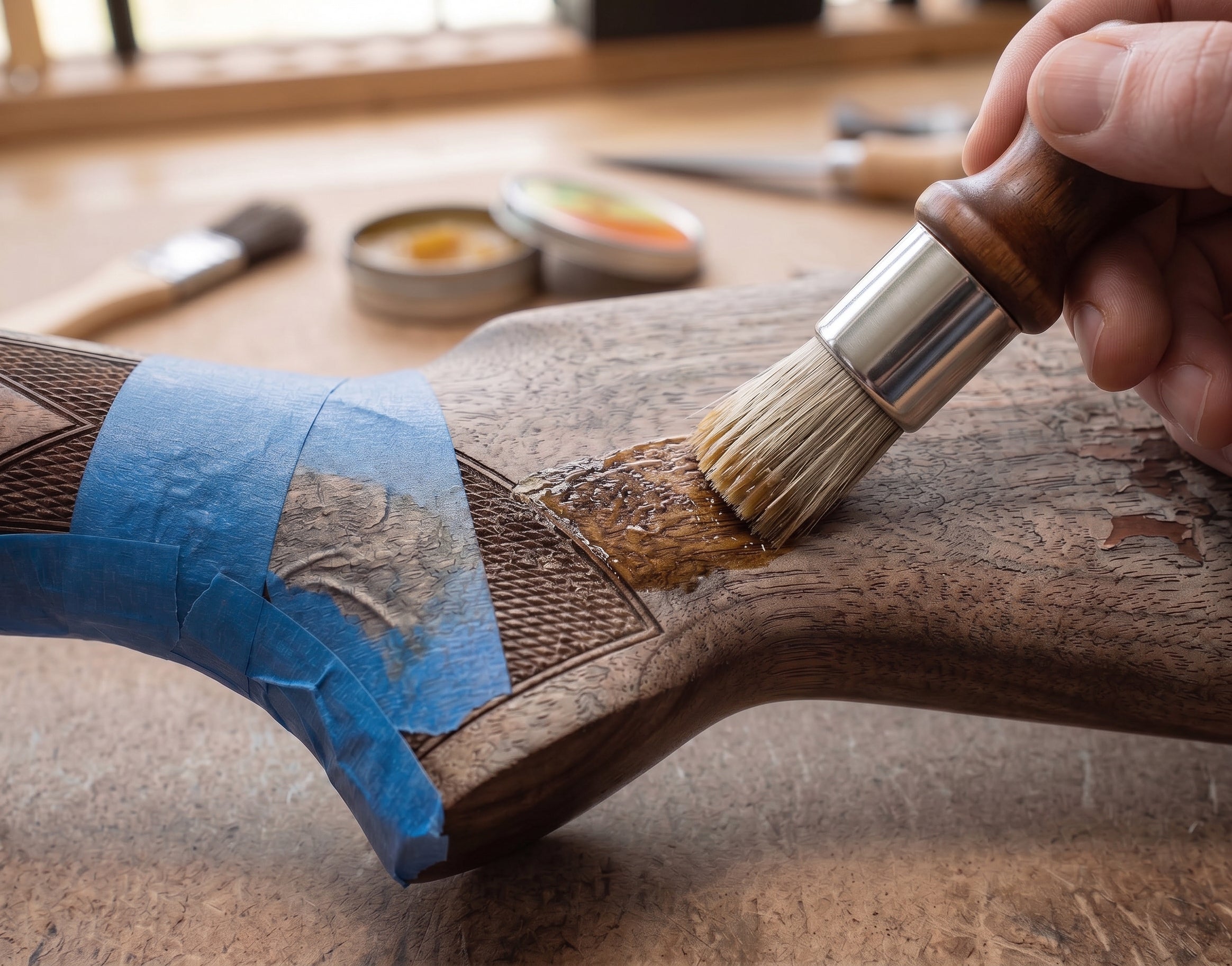 A thin coat brushed on with the checkering taped