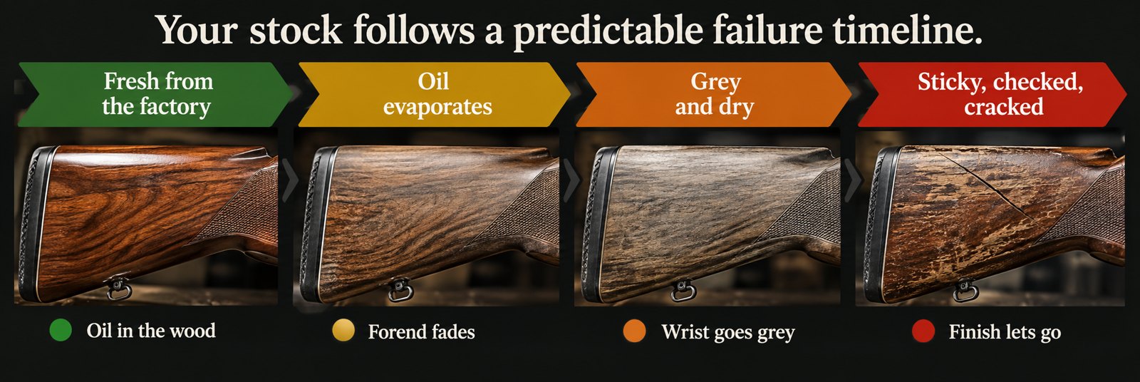 Your stock follows a predictable failure timeline: fresh from the factory, oil evaporates, grey and dry, then sticky, checked and cracked