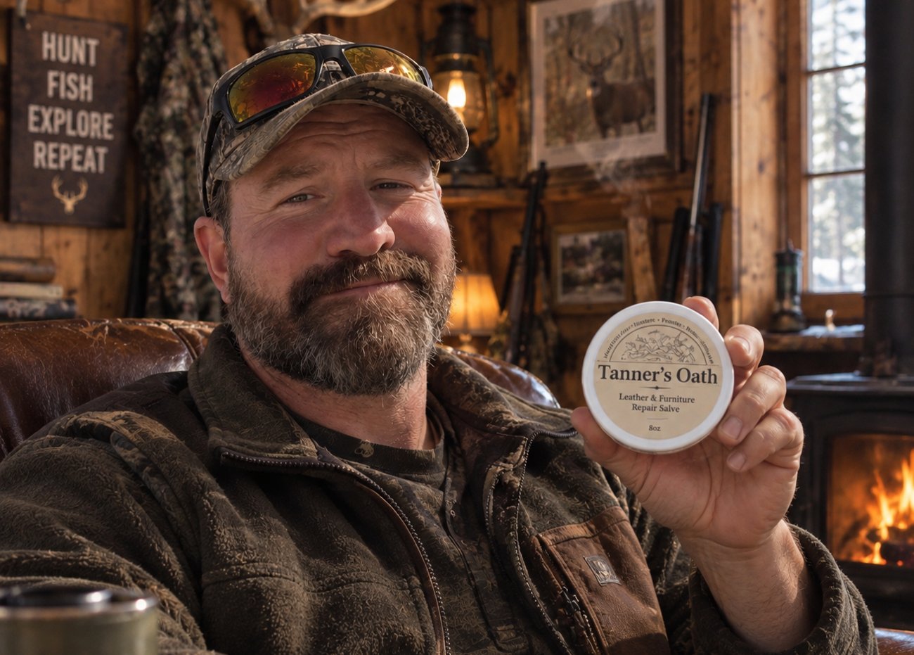 Ray Whitfield holding a jar of Tanner's Oath