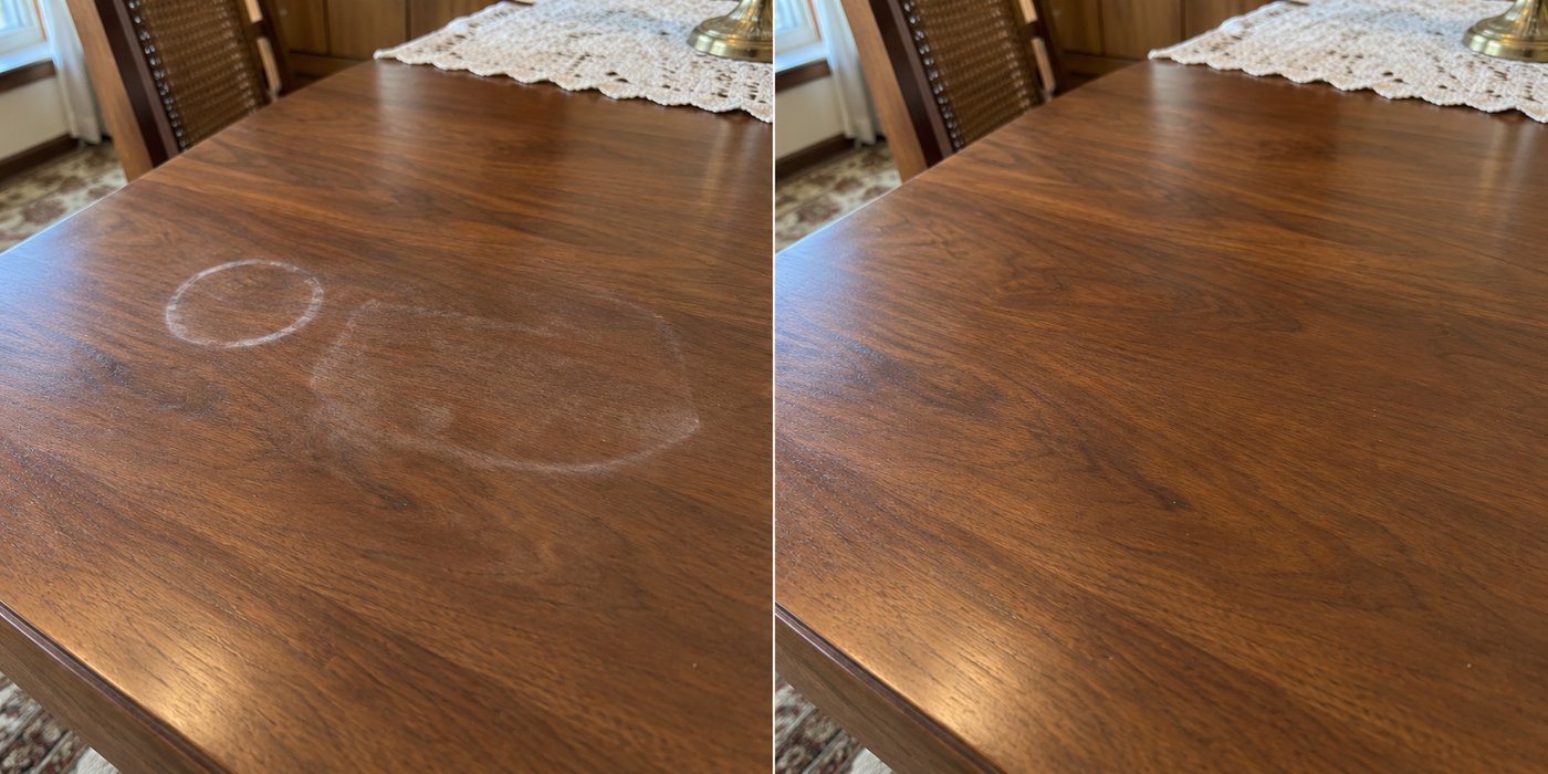 White water ring on a dining table