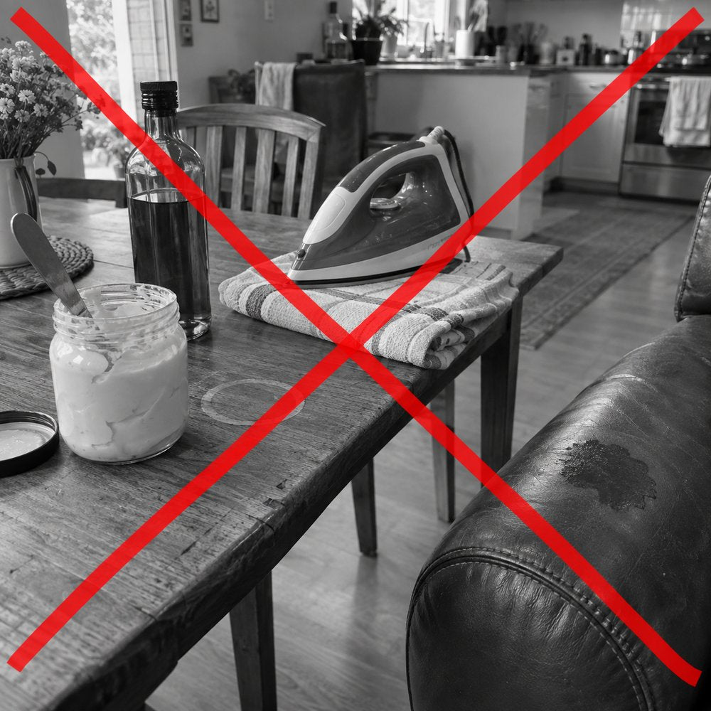 Mayonnaise, an iron over a towel and a bottle of olive oil, crossed out