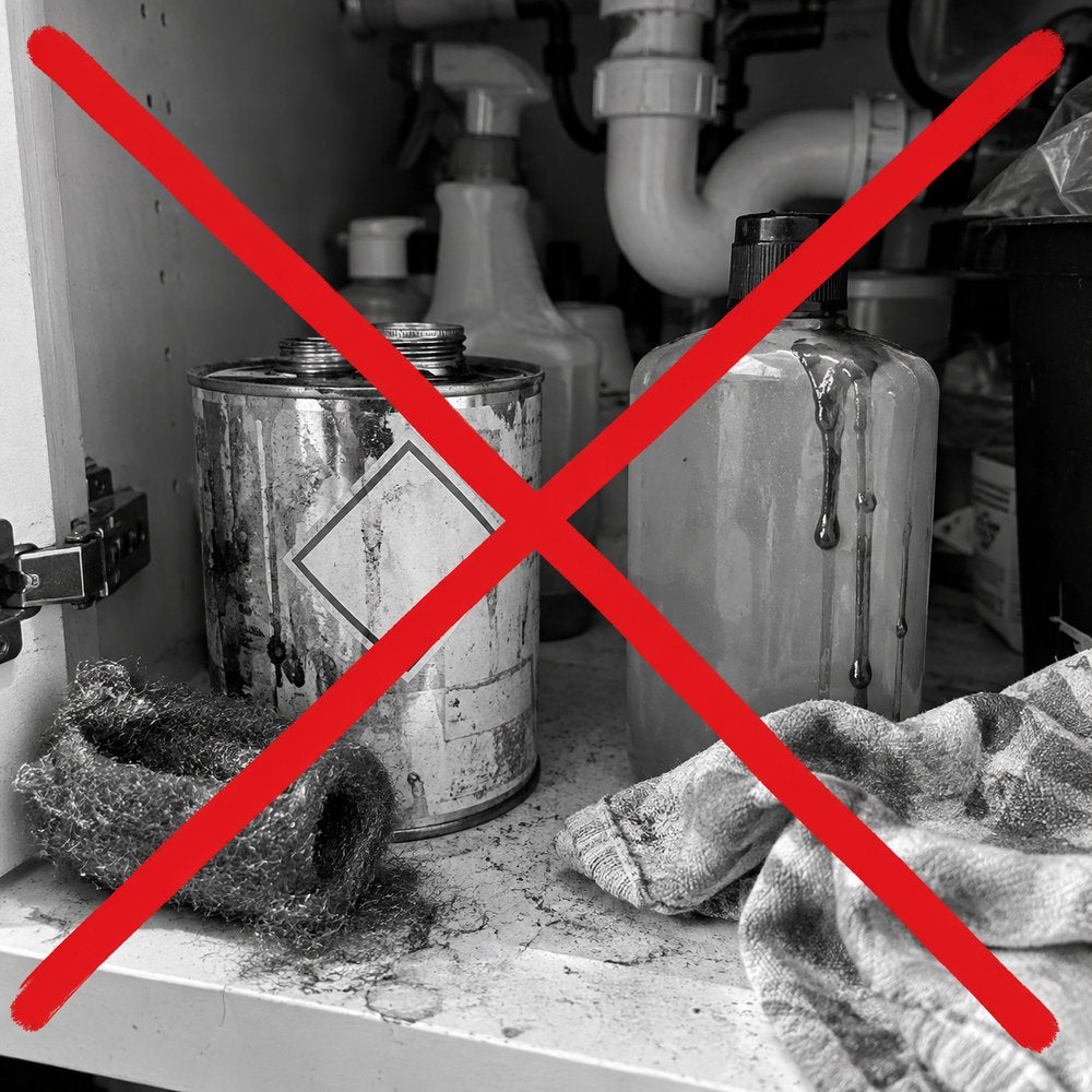 A solvent wood restorer with steel wool next to a big-name leather conditioner, crossed out