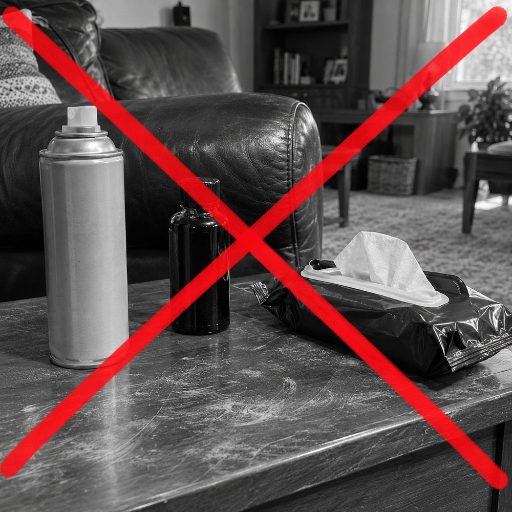 Spray polish, a scratch-cover polish and a pack of leather wipes, crossed out