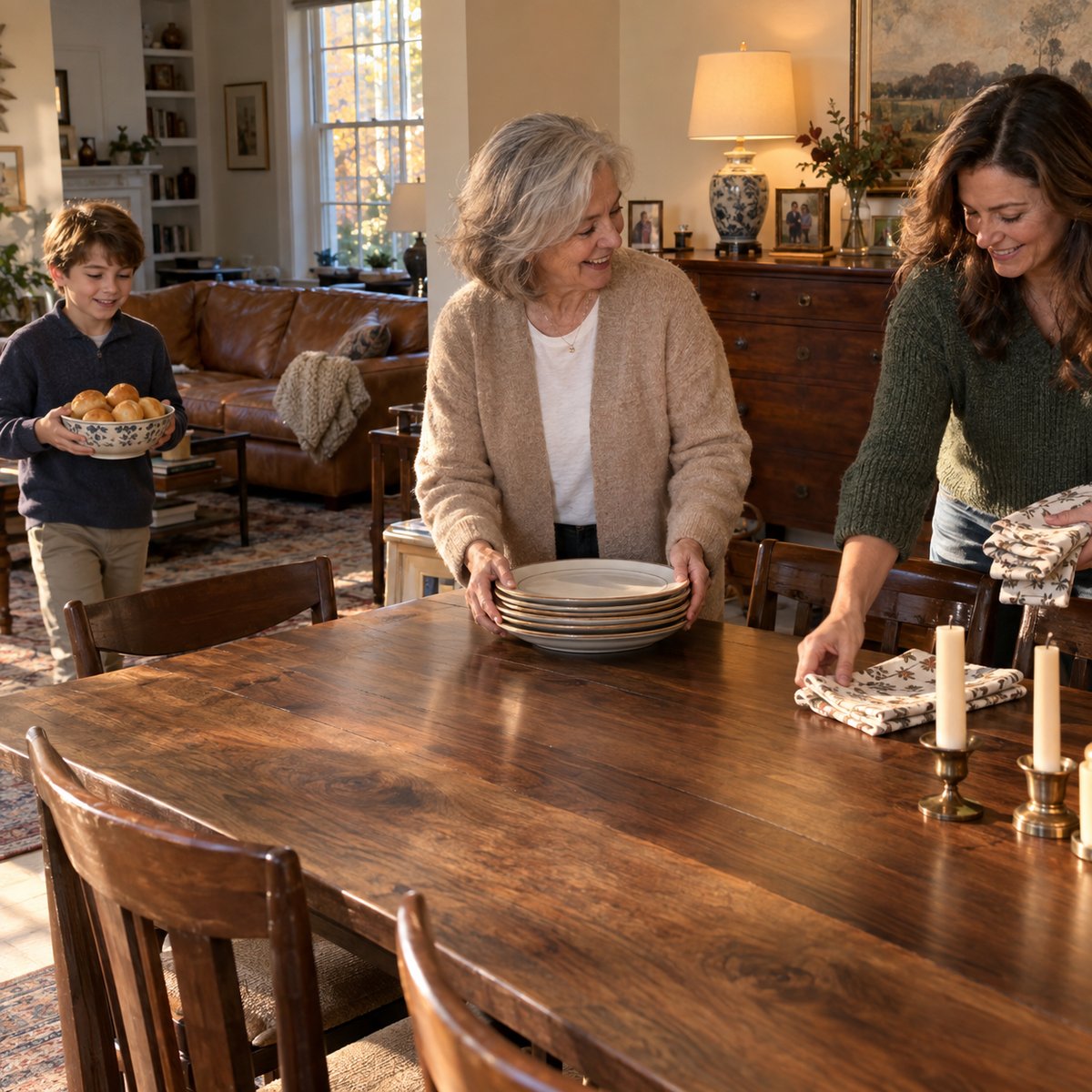 Family setting a restored walnut dining table for a holiday meal, leather sofa and old dresser behind them