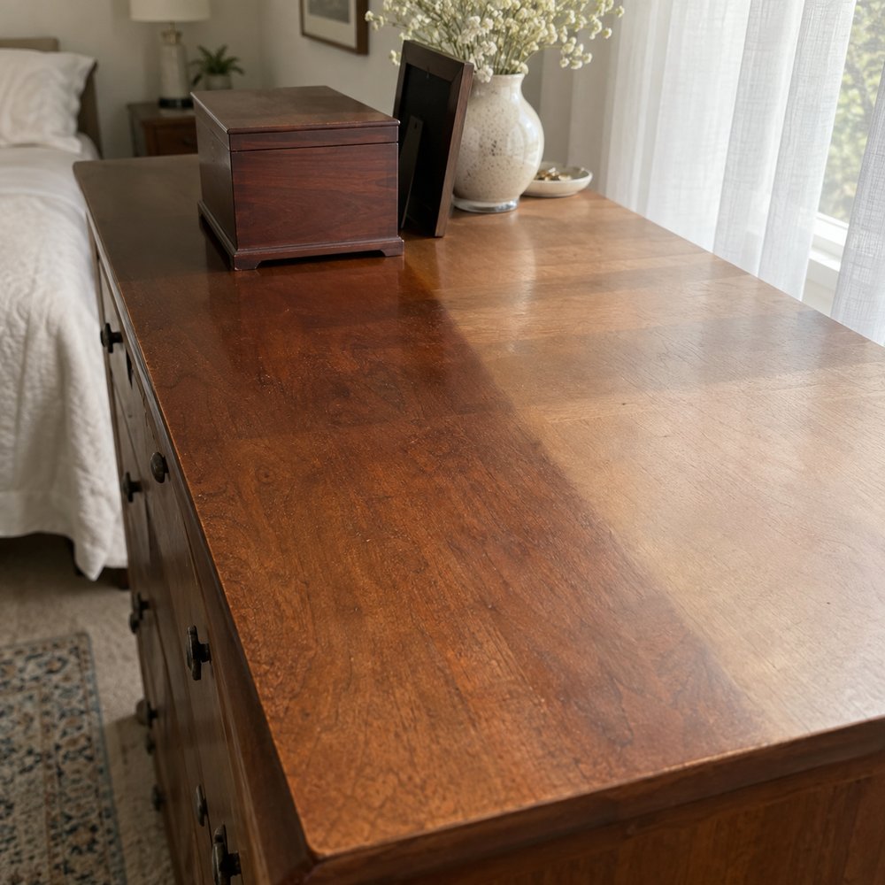 Sun-faded cherry dresser top