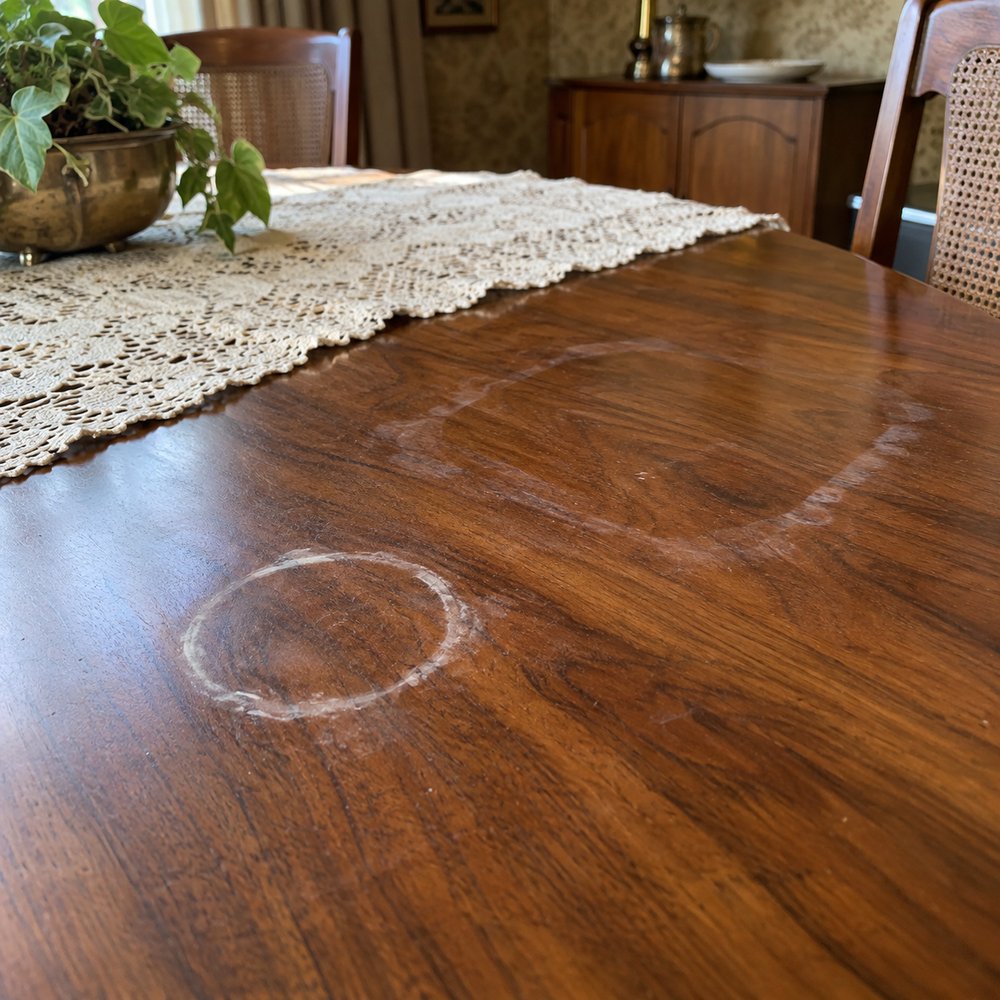 White water ring on a wood table